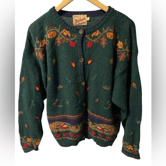 WOOLRICH FALL LEAVES EMBROIDERED WOOL CARDIGAN SWEATER SZ LARGE - Picture 1 of 6